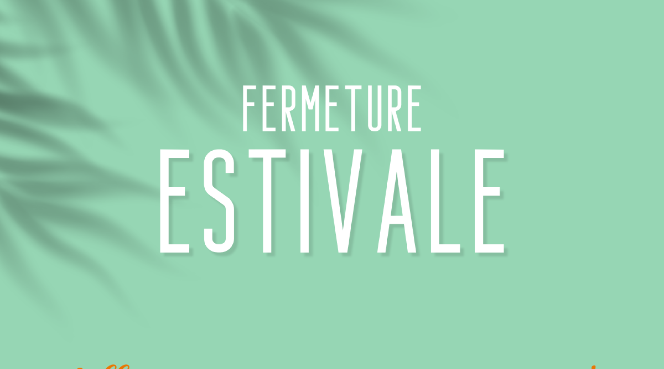 Image avec fond vert, ombre d'un palmier et texte "Fermeture estivale belles vacances à toutes et à tous !"